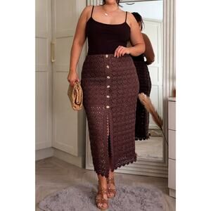 NWT H&M CROCHET-LOOK Midi Knit Skirt Dark Brown Size Large Neutral Feminine